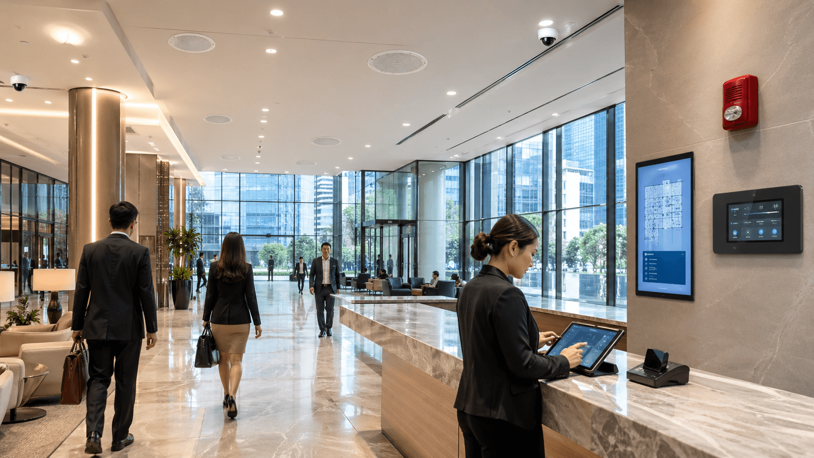 Integrated PA and BGM system installed in a modern commercial building lobby in the Philippines, showing ceiling speakers, zone controller, and digital signage managed from a central platform