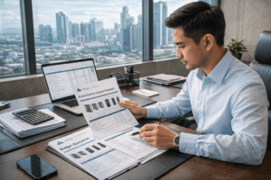 Building manager reviewing access control system budget and quotation in the Philippines