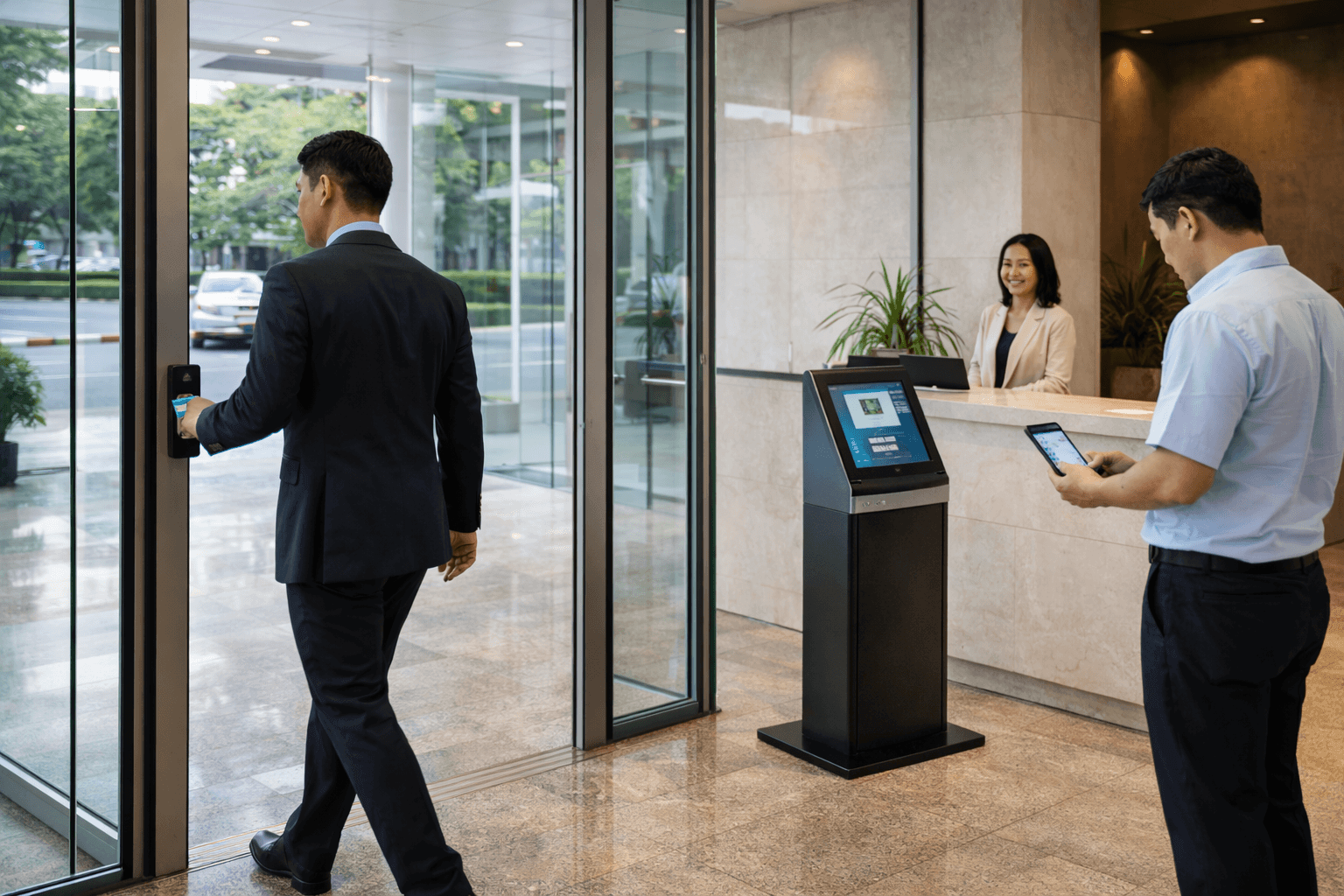 Building access control system in a Philippine office lobby with RFID entry and visitor management kiosk