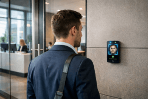 Facial recognition terminal installed at a Philippine office building entrance for touchless access control