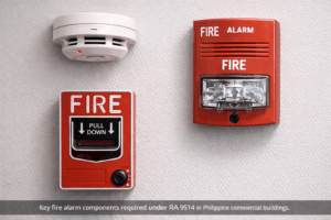 Fire alarm system components including smoke detector, pull station, and notification appliance installed in a Philippine office