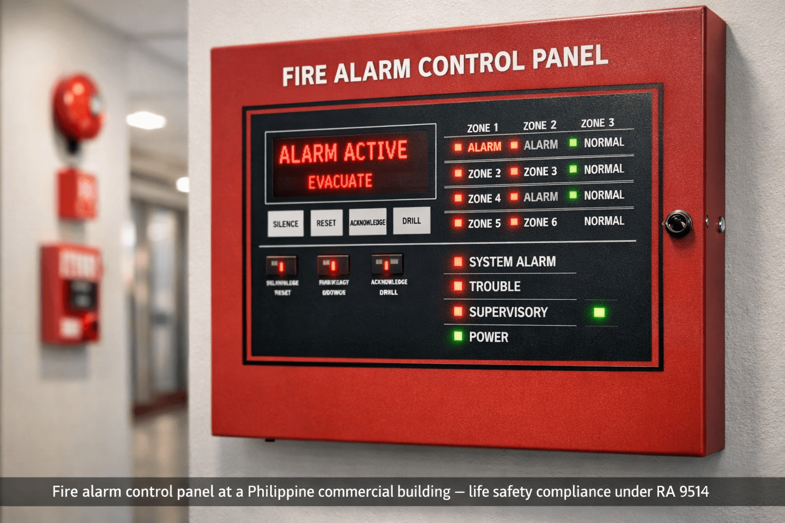 Fire alarm control panel installed in a Philippine commercial building showing zone indicators and alert status
