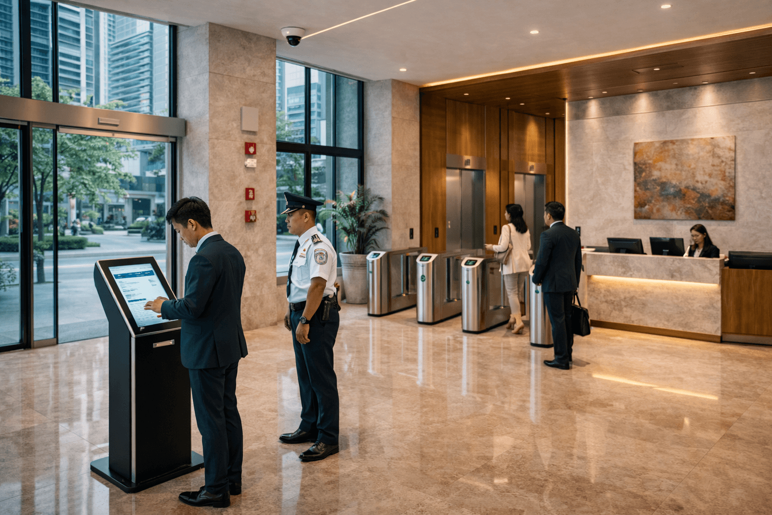 Integrated building systems in a modern Philippine high-rise lobby featuring turnstiles, CCTV cameras, PA speakers, fire alarm devices, and elevator access control panels