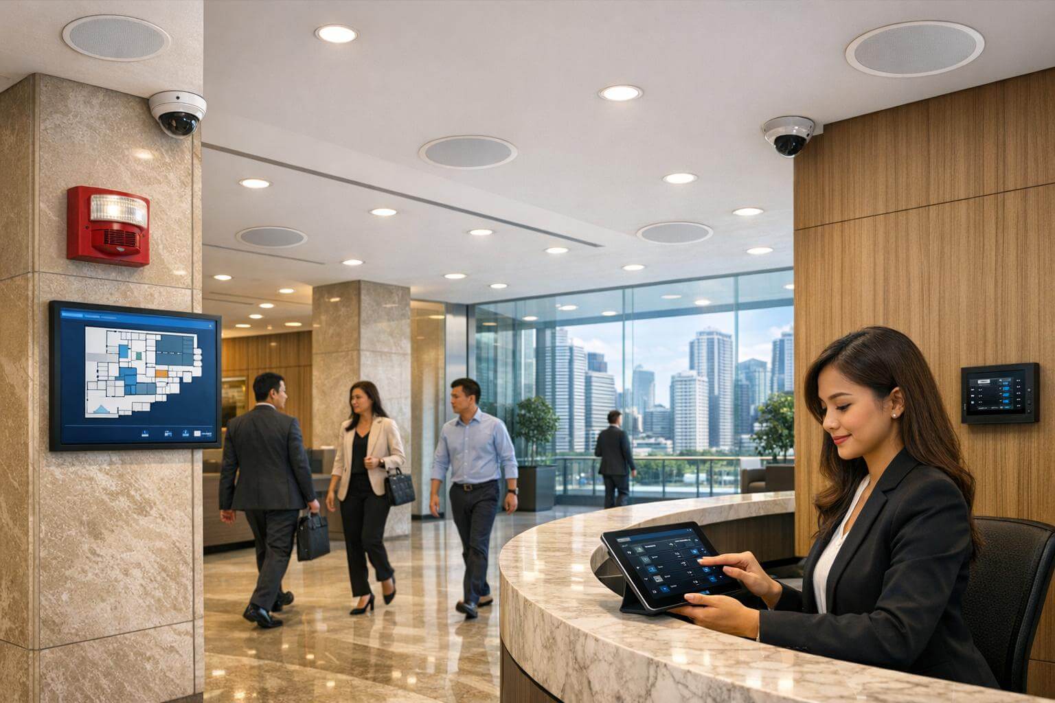 Integrated PA and BGM system installed in a modern commercial building lobby in the Philippines, showing ceiling speakers, zone controller, and digital signage managed from a central platform