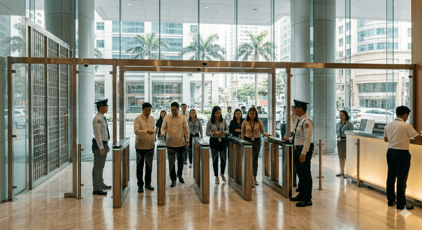 Access control system installed at a commercial building entrance in the Philippines with turnstile and biometric reader