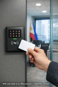 RFID card reader mounted on office door in the Philippines for employee access control