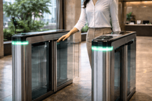 Speed gate flap barrier installed at a modern Philippine commercial building lobby with glass panels and elegant design