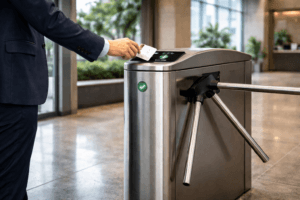 Tripod turnstile gate installed at the entrance of a Philippine office building with RFID card reader