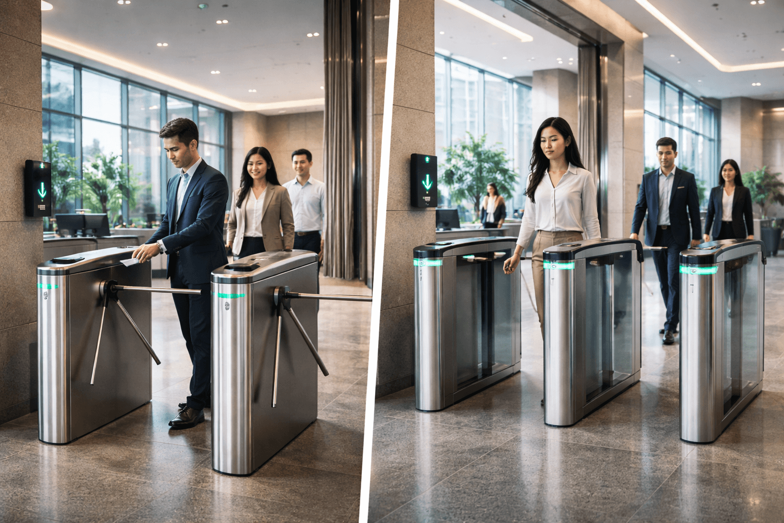 Side-by-side comparison of a tripod turnstile and a flap speed gate installed at a Philippine commercial building lobby