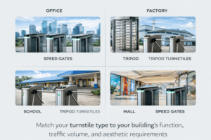 Different types of Philippine buildings — office, factory, mall, condo, schools — showing appropriate turnstile type for each