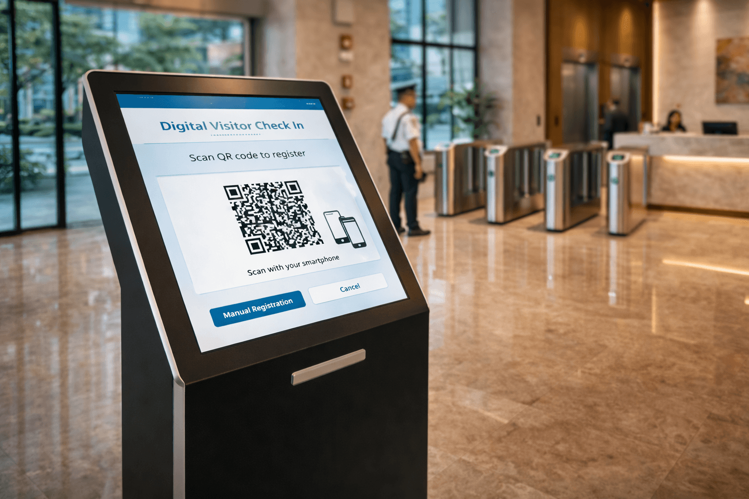 Digital visitor management system kiosk with QR code check-in at a Philippine commercial building lobby replacing paper logbook