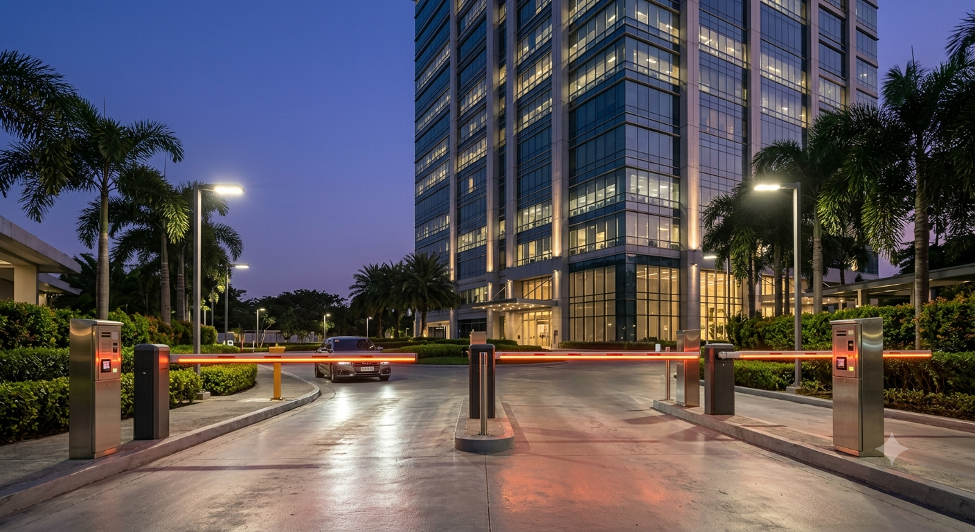 Modern commercial vehicle entrance with automated parking barriers, ANPR cameras, and RFID parking access system at a mixed-use development in the Philippines.