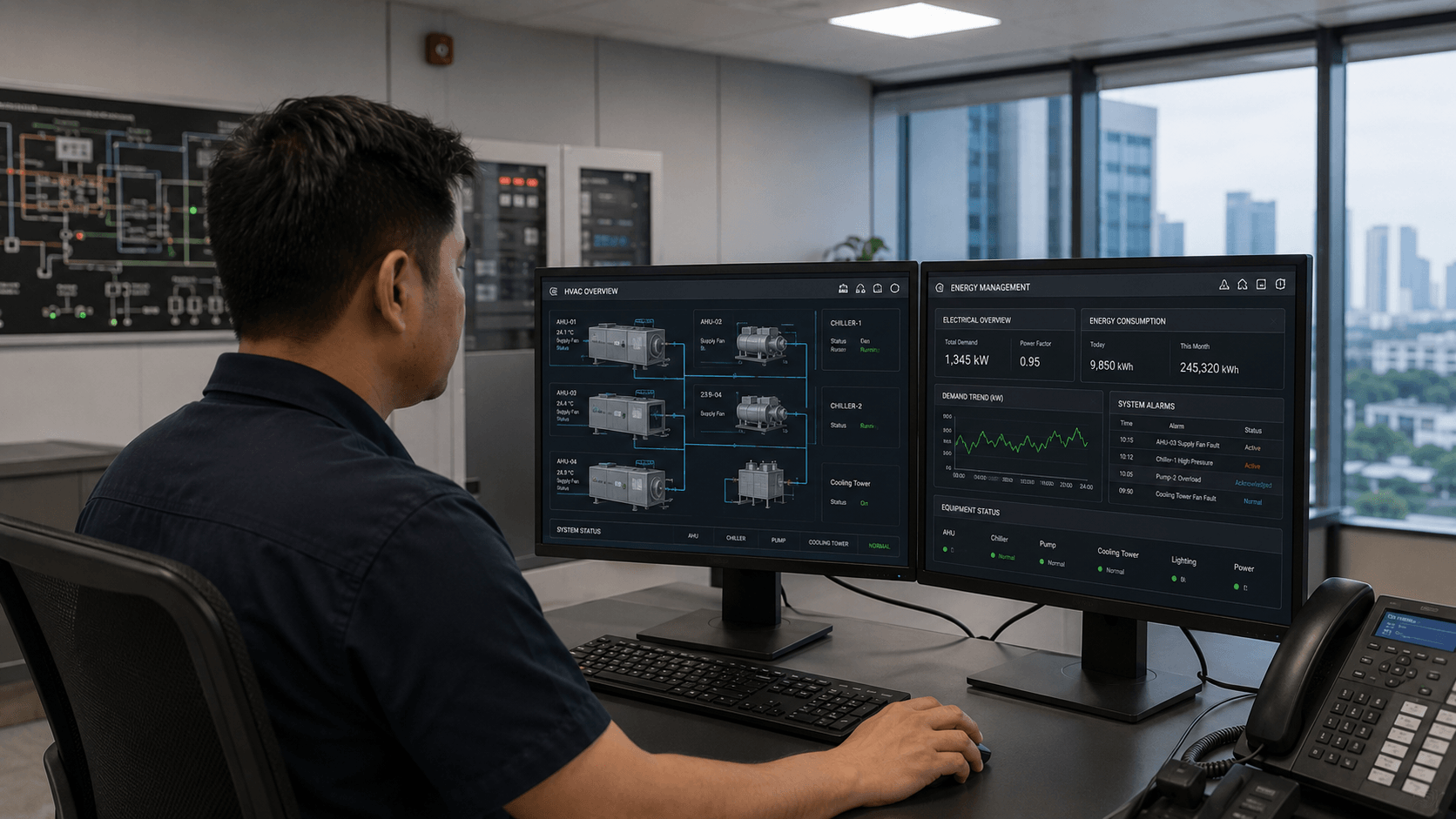 Facility engineer in Iloilo City monitoring HVAC and energy dashboards on dual screens, showing air handling units, chillers, and energy consumption data, illustrating fragmented building management across township towers.
