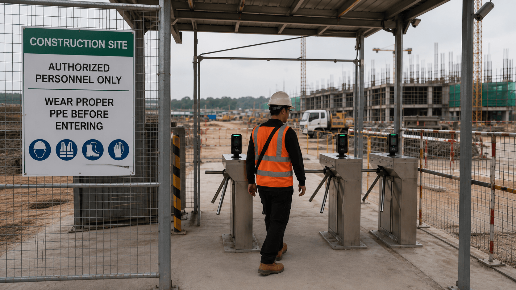 Biometric contractor logging kiosk for construction site access in New Clark City