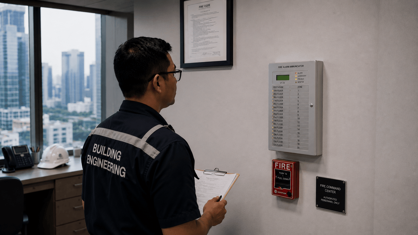 Fire alarm control panel and life safety monitoring in a modern Makati office building