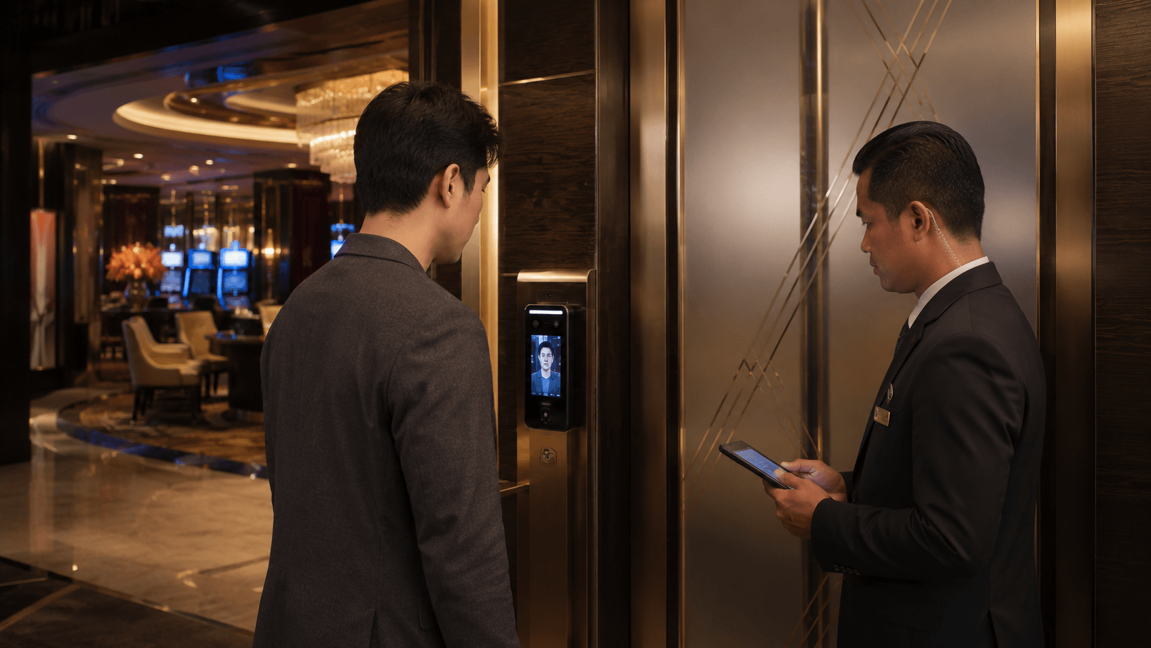 Casino staff member using biometric access control at a restricted entrance in Parañaque