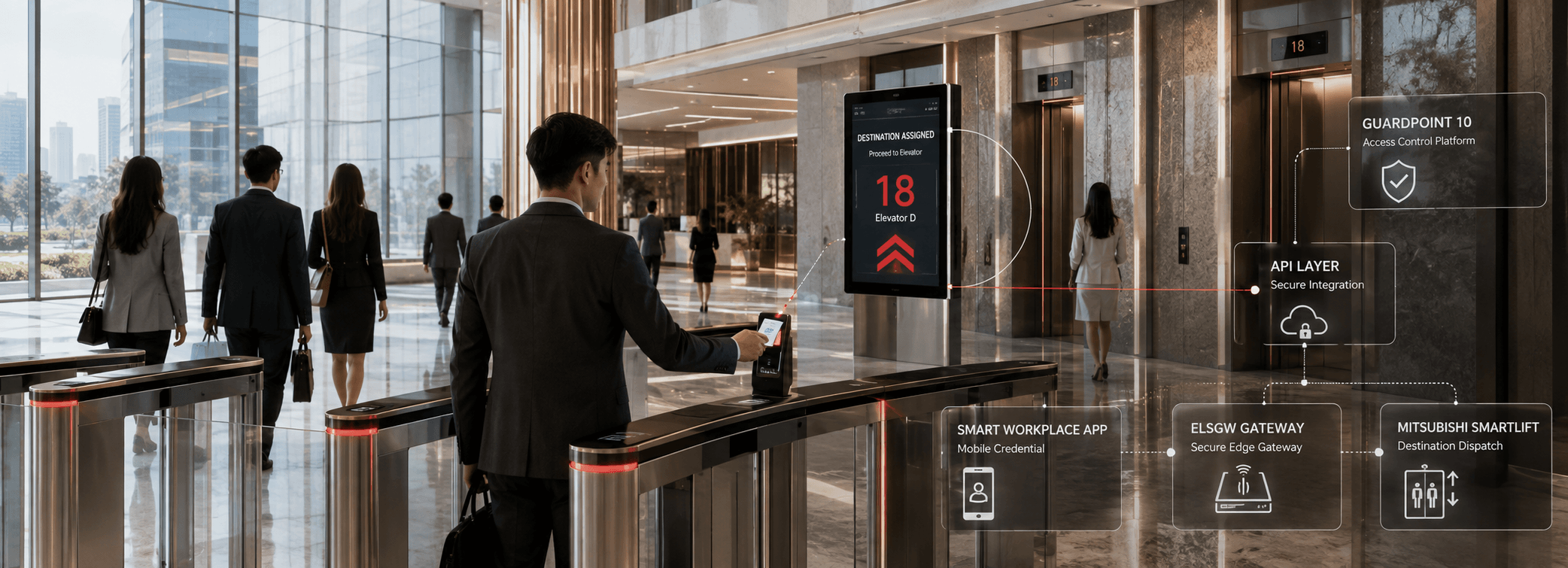 GuardPoint 10 API integration connecting smart building access control, workplace apps and Mitsubishi elevator dispatch in a Metro Manila office lobby.