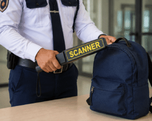 Security guard using a handheld metal detector wand to check a bag