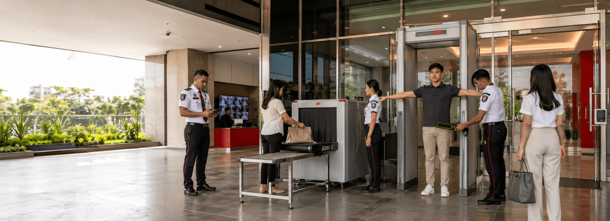 Integrated metal detector, baggage scanner, and patrol guard system at a Philippine property entrance