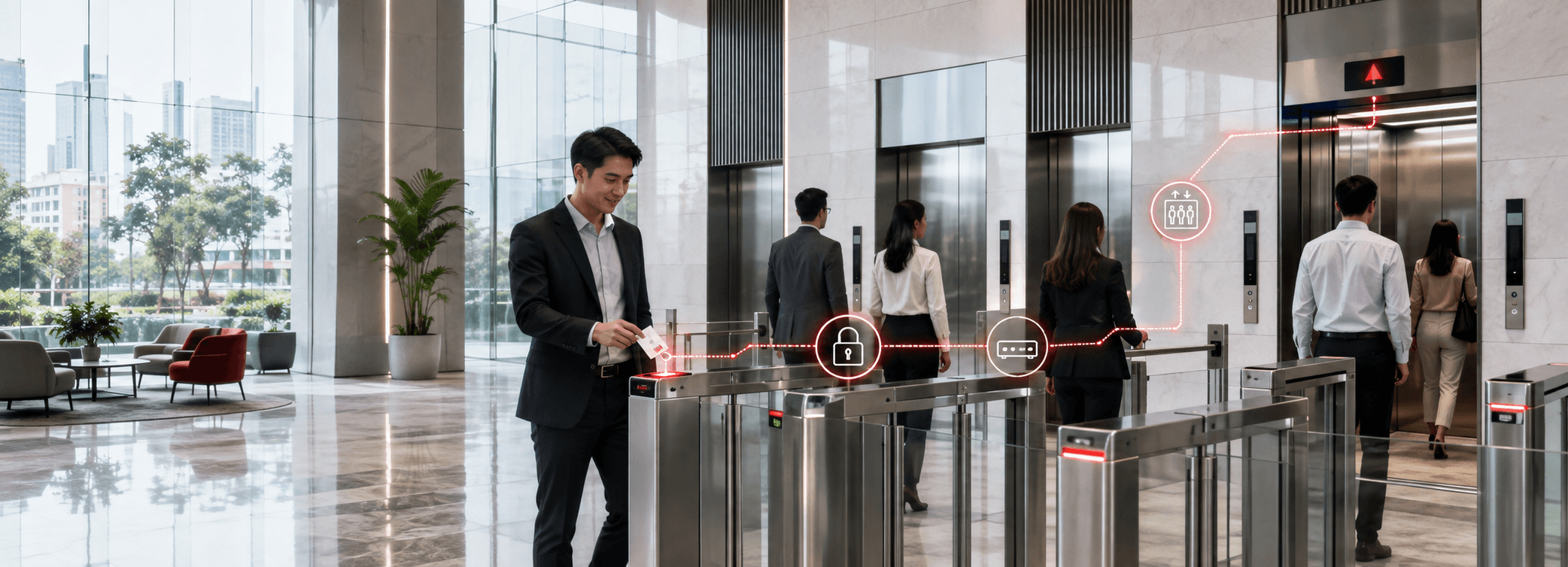 GuardPoint 10 Mitsubishi DOAS integration providing secure elevator dispatch in a modern Metro Manila office lobby