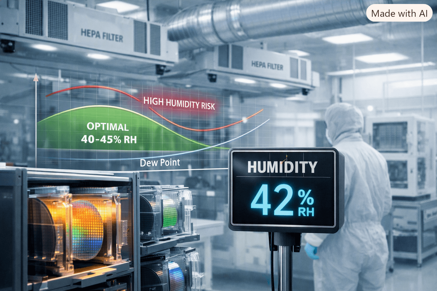 Semiconductor cleanroom showing glowing wafer racks, HVAC ducts, and a digital humidity monitor reading 42% RH, with dew point curve overlay and HEPA filtration units in the background.