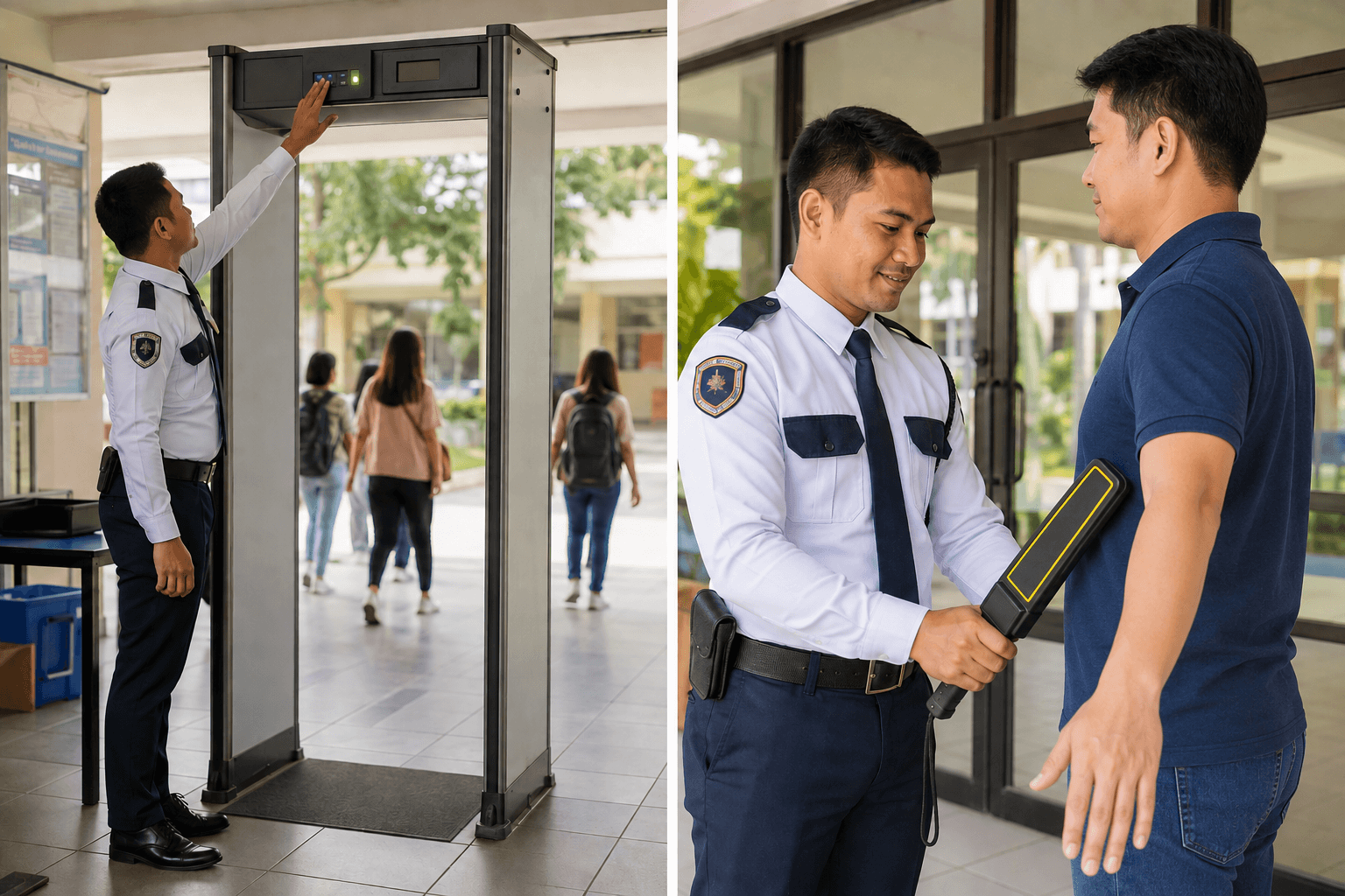 Security guard operating a walk-through metal detector and handheld wand at a checkpoint in the Philippines