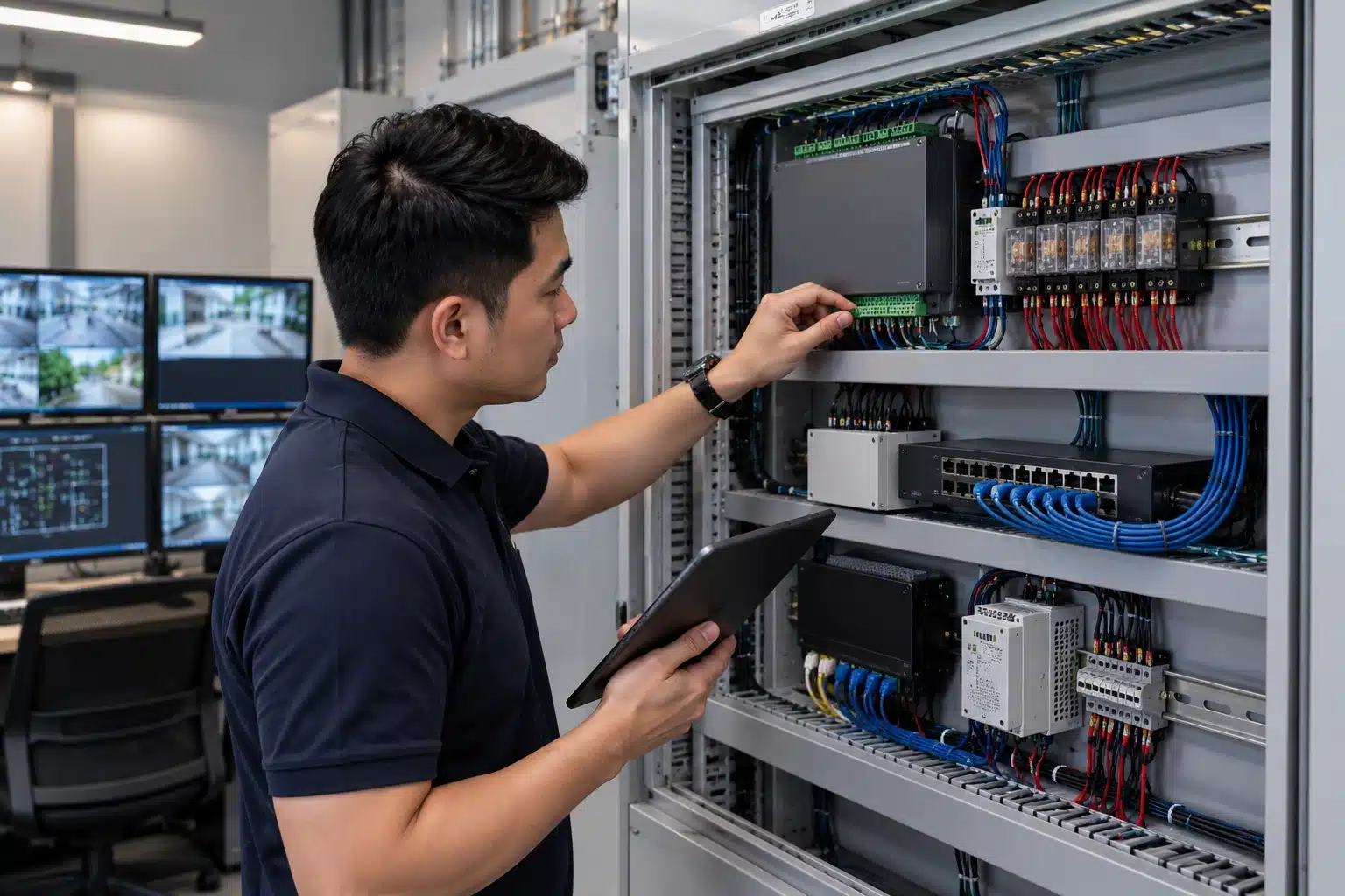Filipino systems engineer commissioning access control relay and API integration in a Metro Manila building control room.