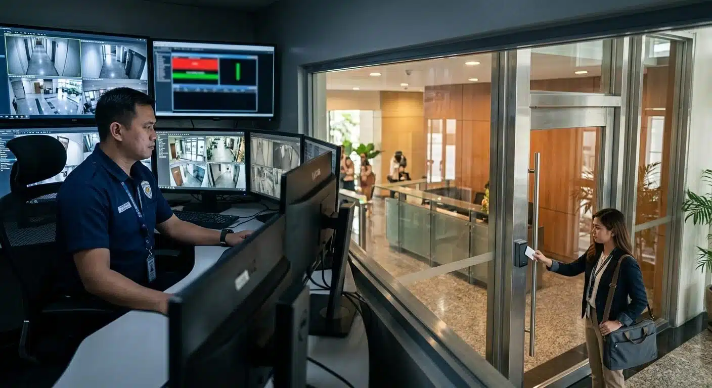Philippine security control room verifying an access control door event with CCTV.