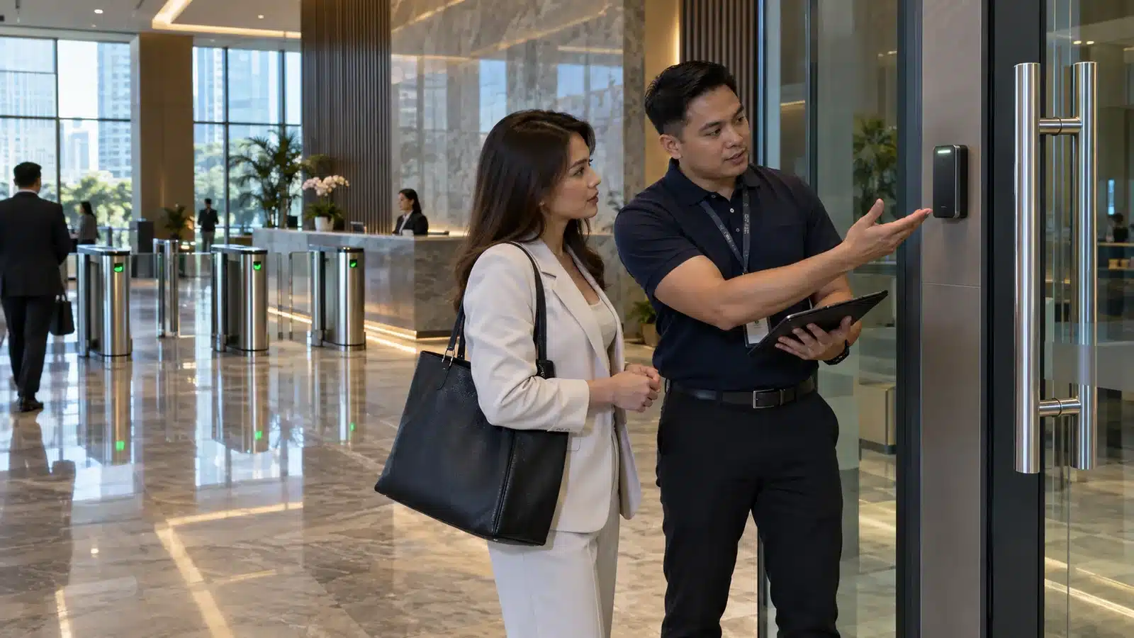 Access control and fire alarm interface at a Philippine commercial building exit.