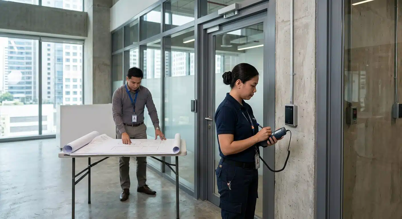Filipino engineer checking access control requirements at a commercial building door