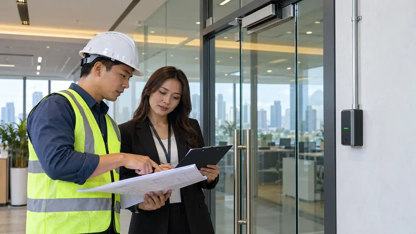 Filipino engineer and project representative reviewing access control plans and hardware for a commercial building quotation