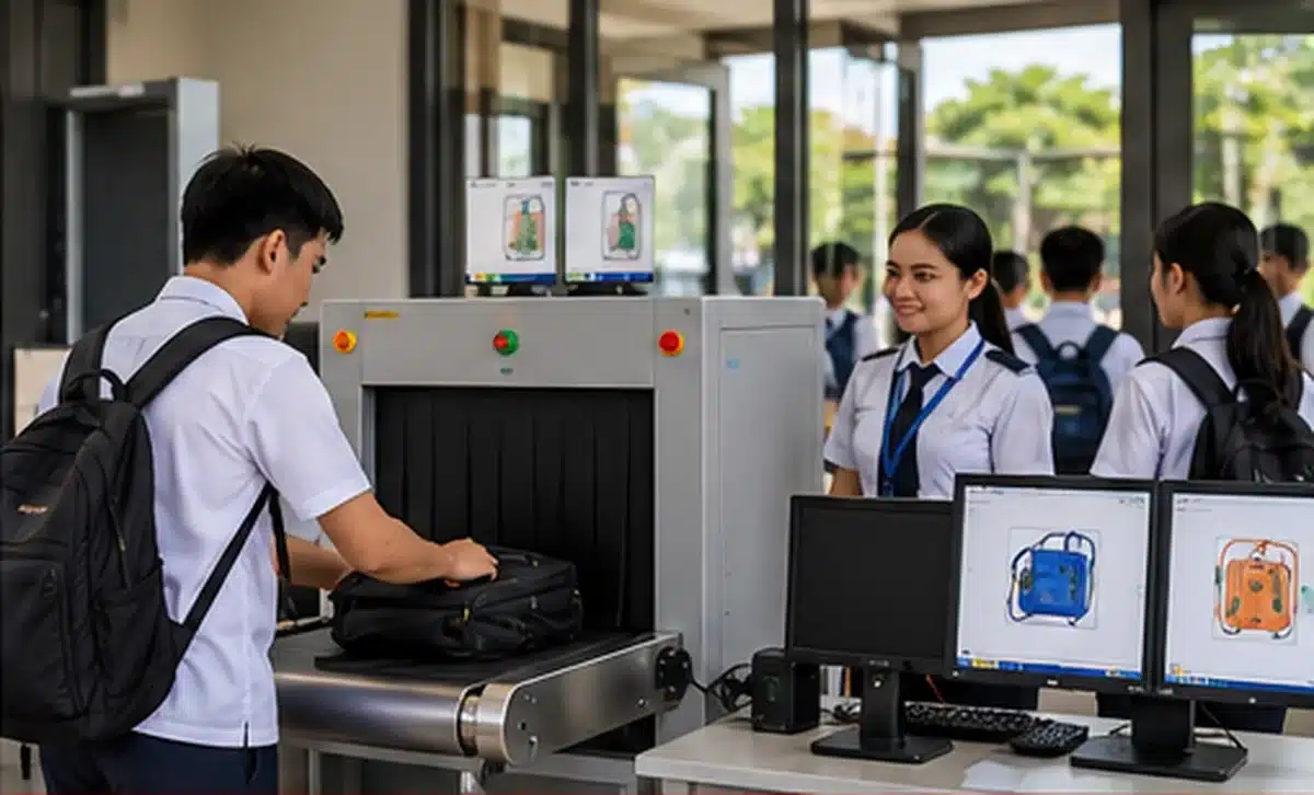 Baggage scanner checkpoint at a Philippine school entrance with security staff and students placing bags on the conveyor