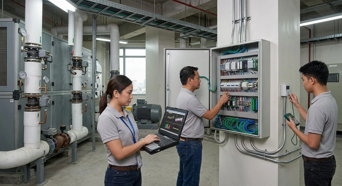 Filipino building engineers checking BMS controls in a Metro Manila commercial plant room