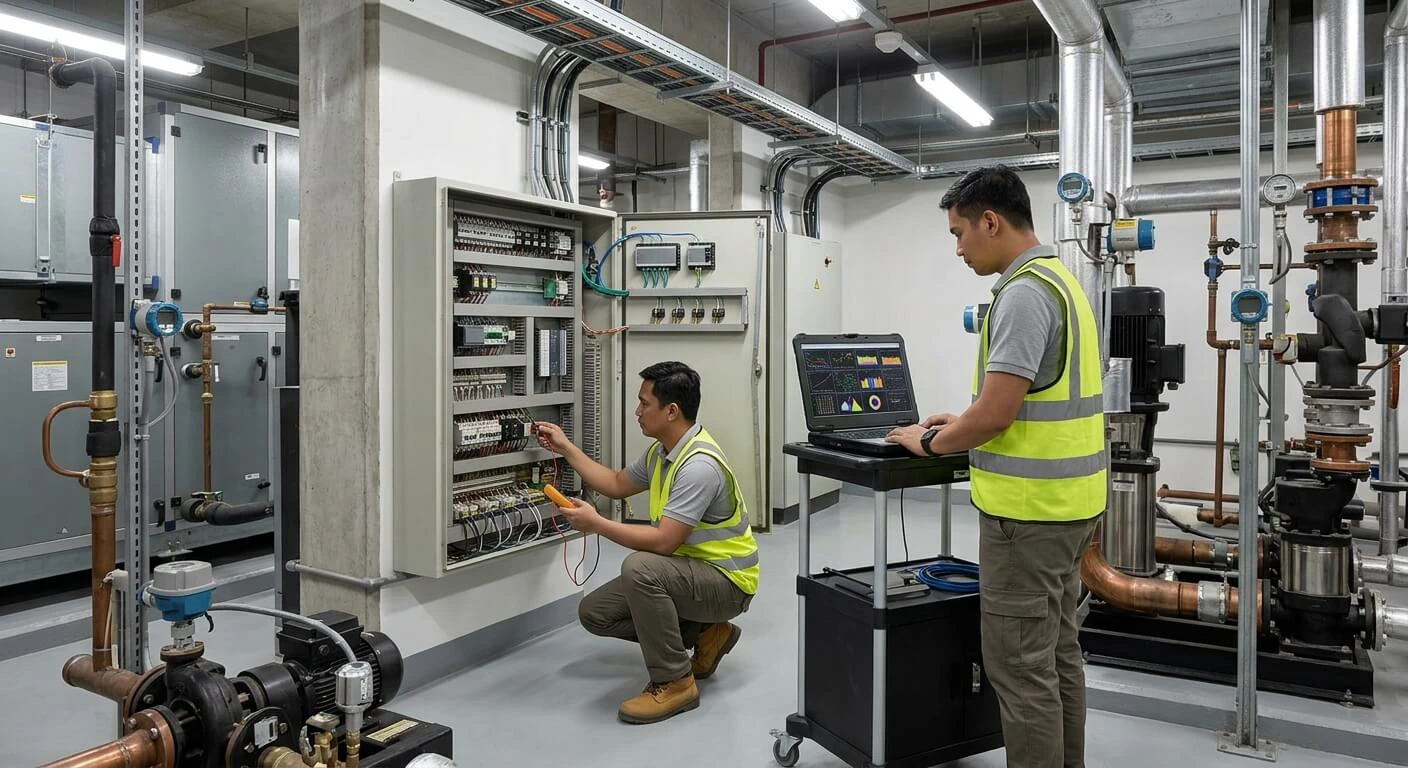 Filipino building engineers surveying existing HVAC controls for a BMS retrofit in a Philippine hotel