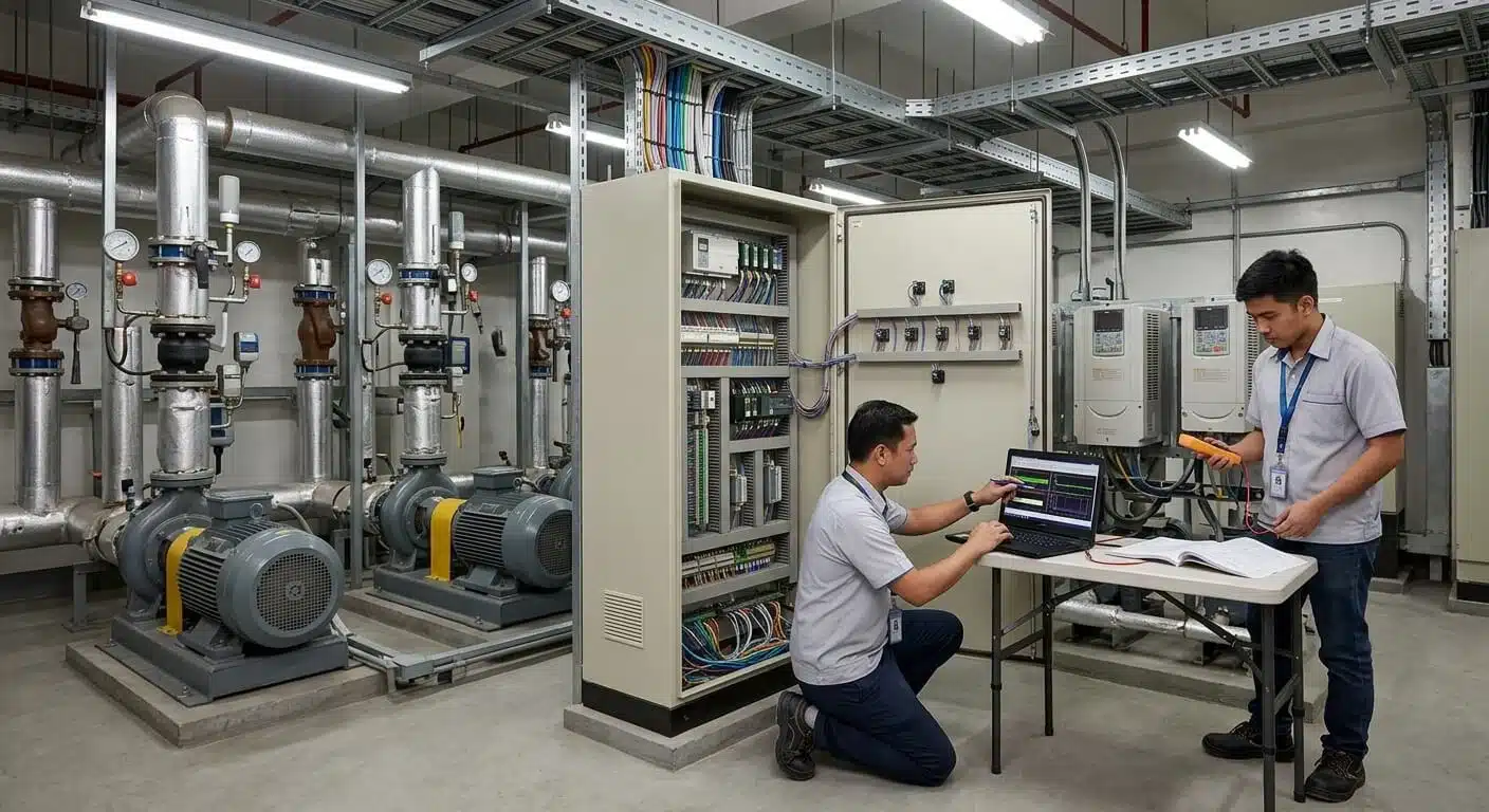 Filipino building engineers commissioning a BMS control panel in a Metro Manila commercial building