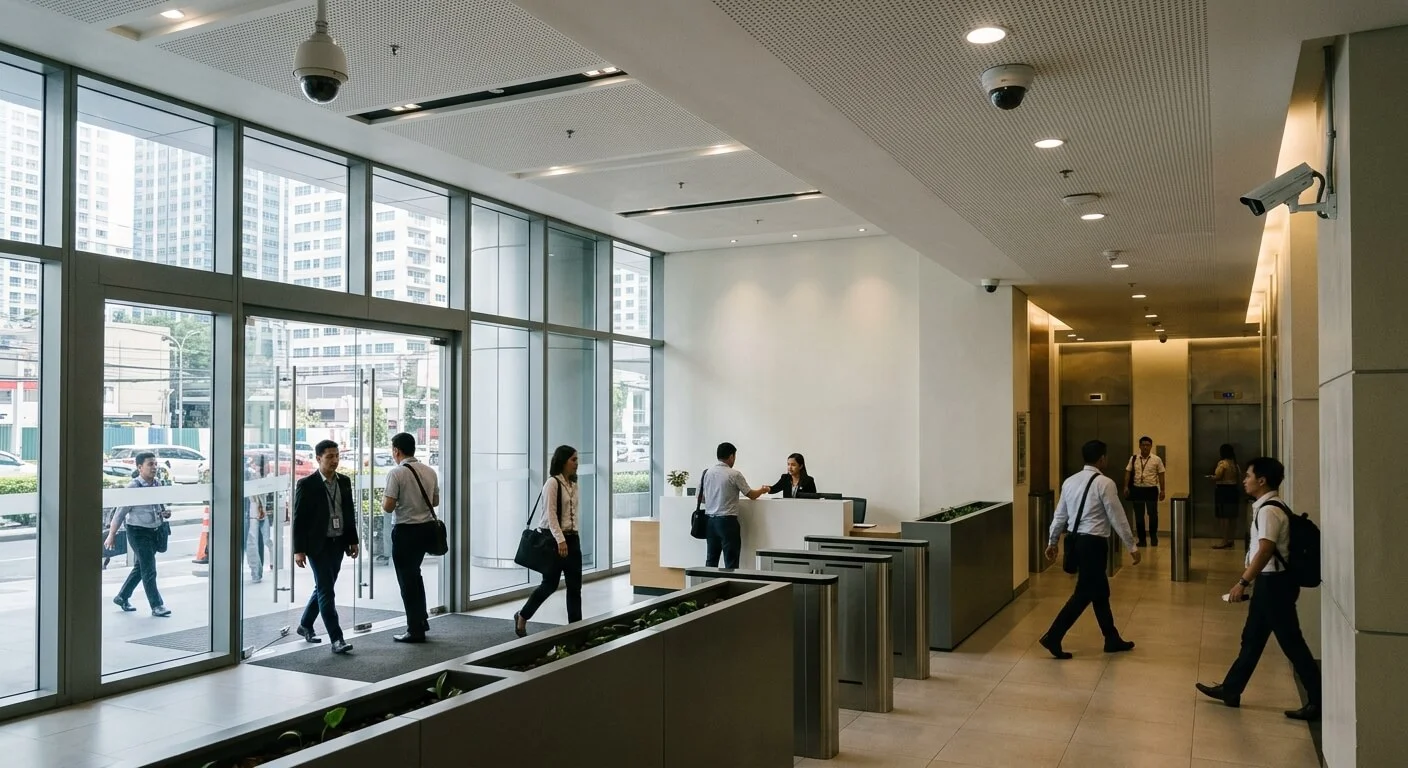 Professionally placed CCTV cameras covering a Philippine commercial building lobby