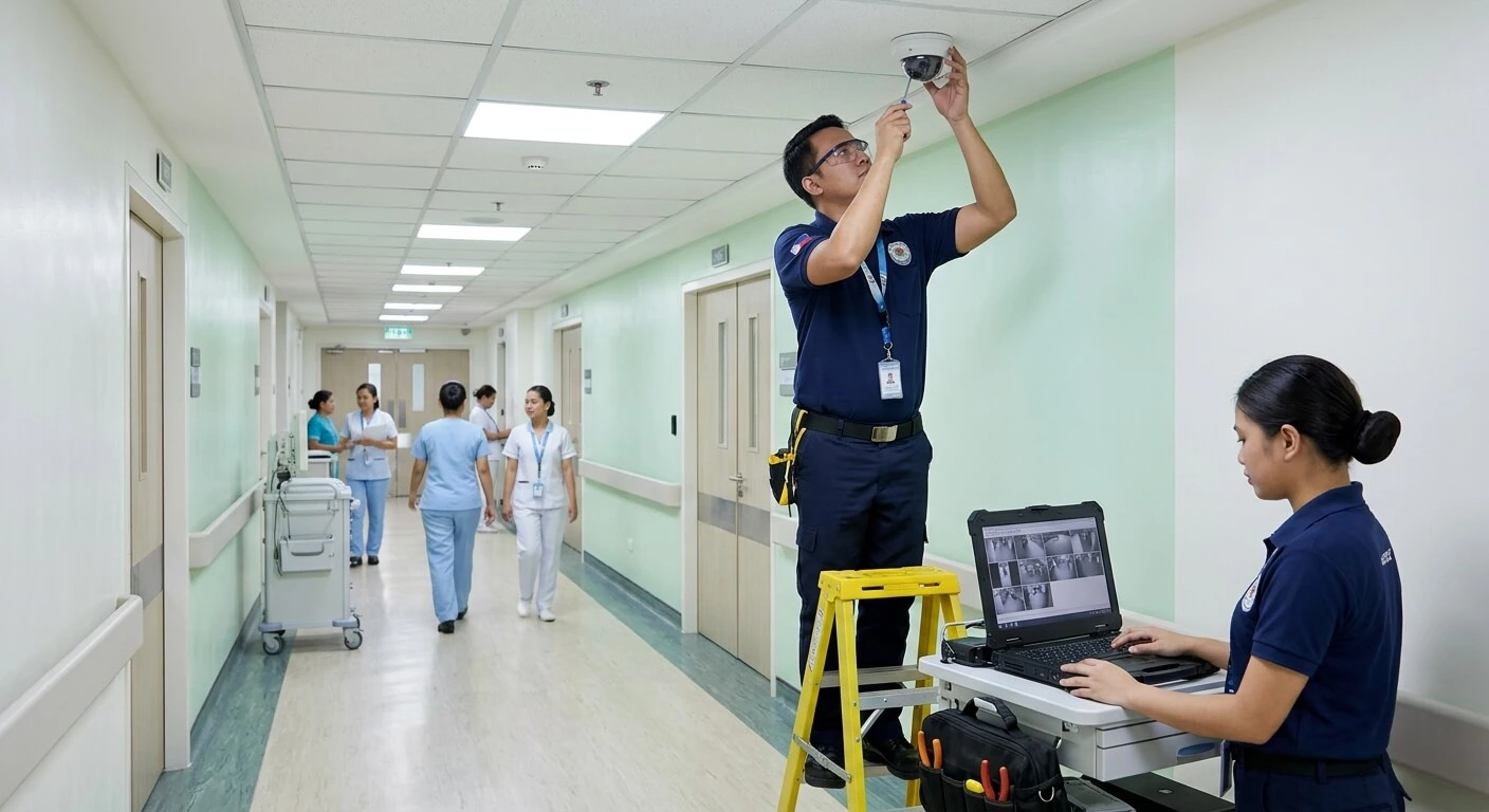 Filipino CCTV technician maintaining an IP camera system in a Philippine hospital corridor