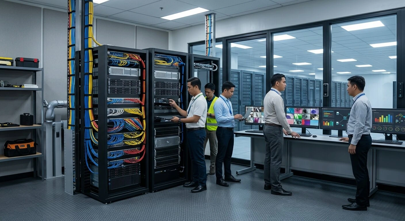 Filipino security and IT professionals reviewing CCTV recording storage in a Philippine data center