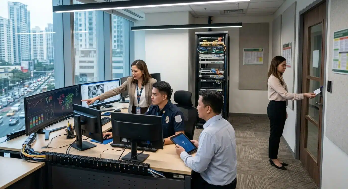 Filipino IT and security team managing networked access control in a Metro Manila office