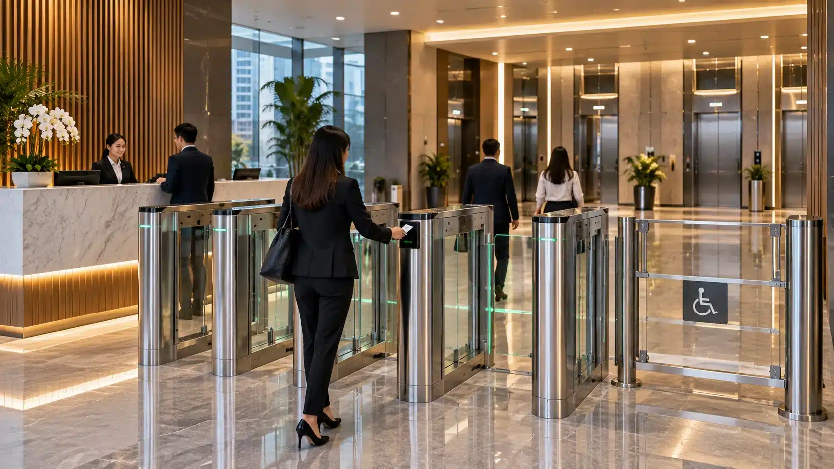Commercial building access control in Metro Manila with speed gates, reception and office professional using a mounted reader