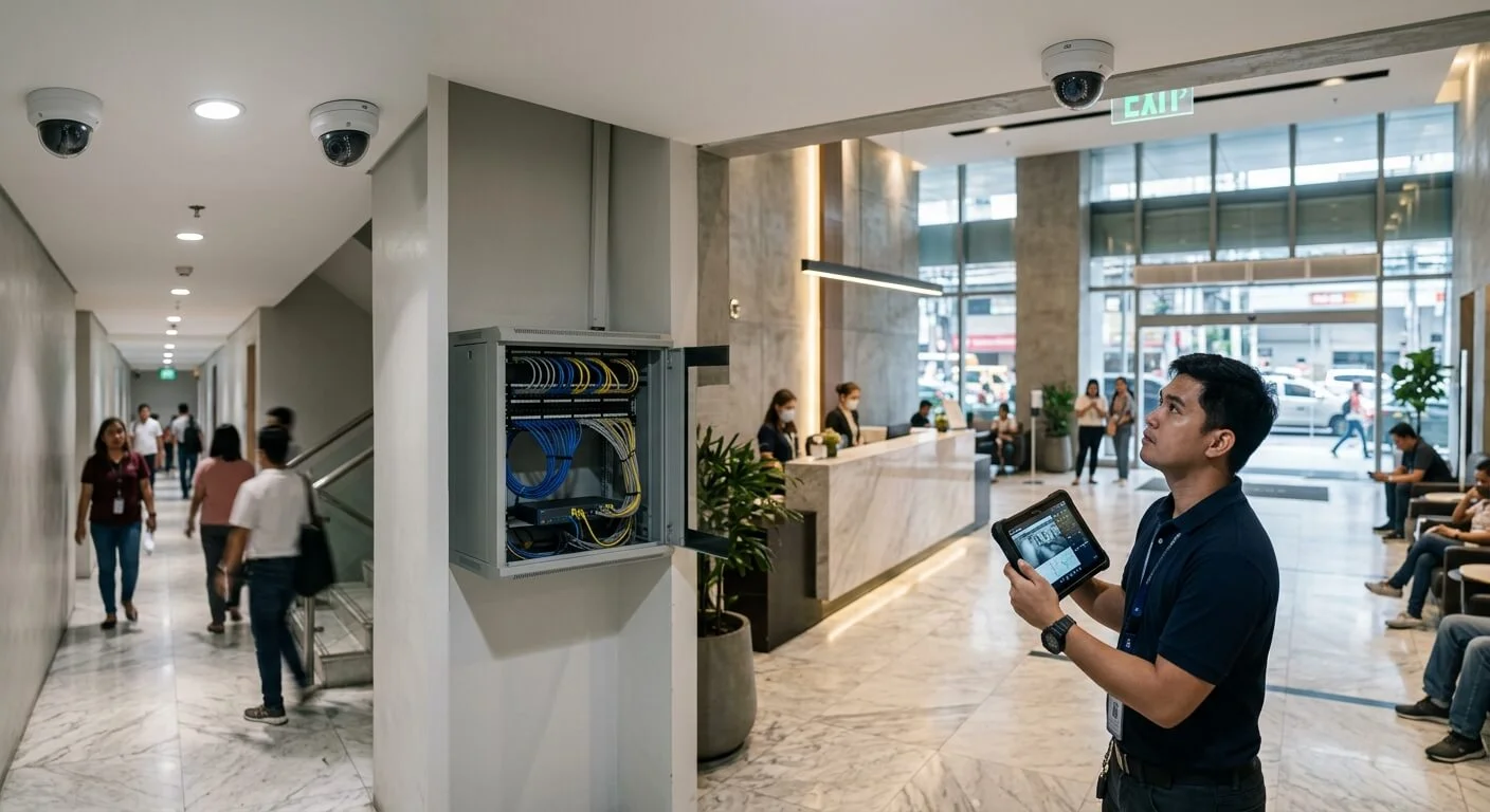 Filipino security engineer surveying CCTV coverage in a Metro Manila commercial building