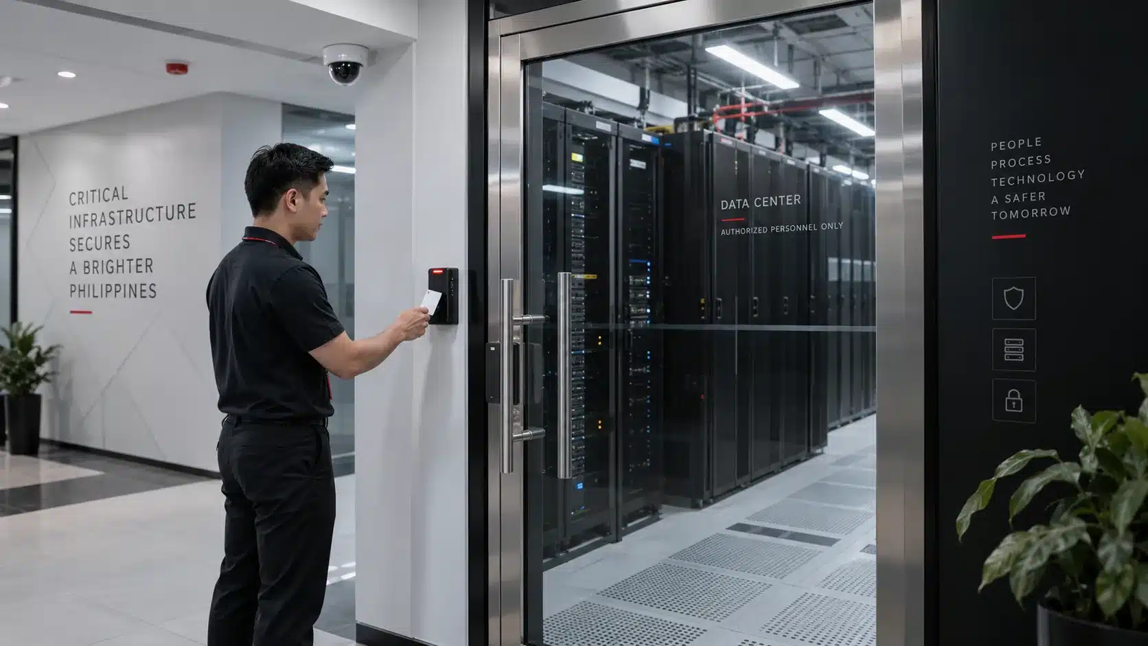 Data center access control Philippines with Filipino IT professional using biometric and RFID secured server room entry