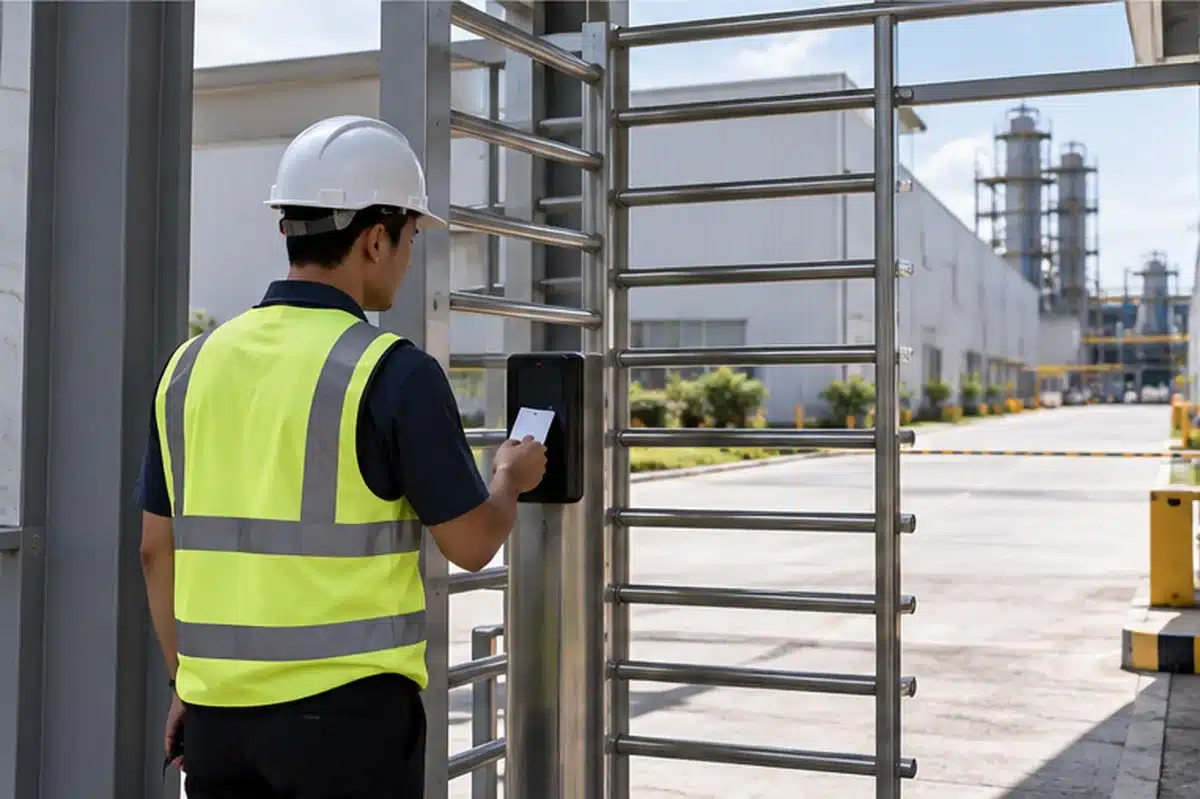 Filipino factory employee using RFID turnstile access control at a Philippine manufacturing facility