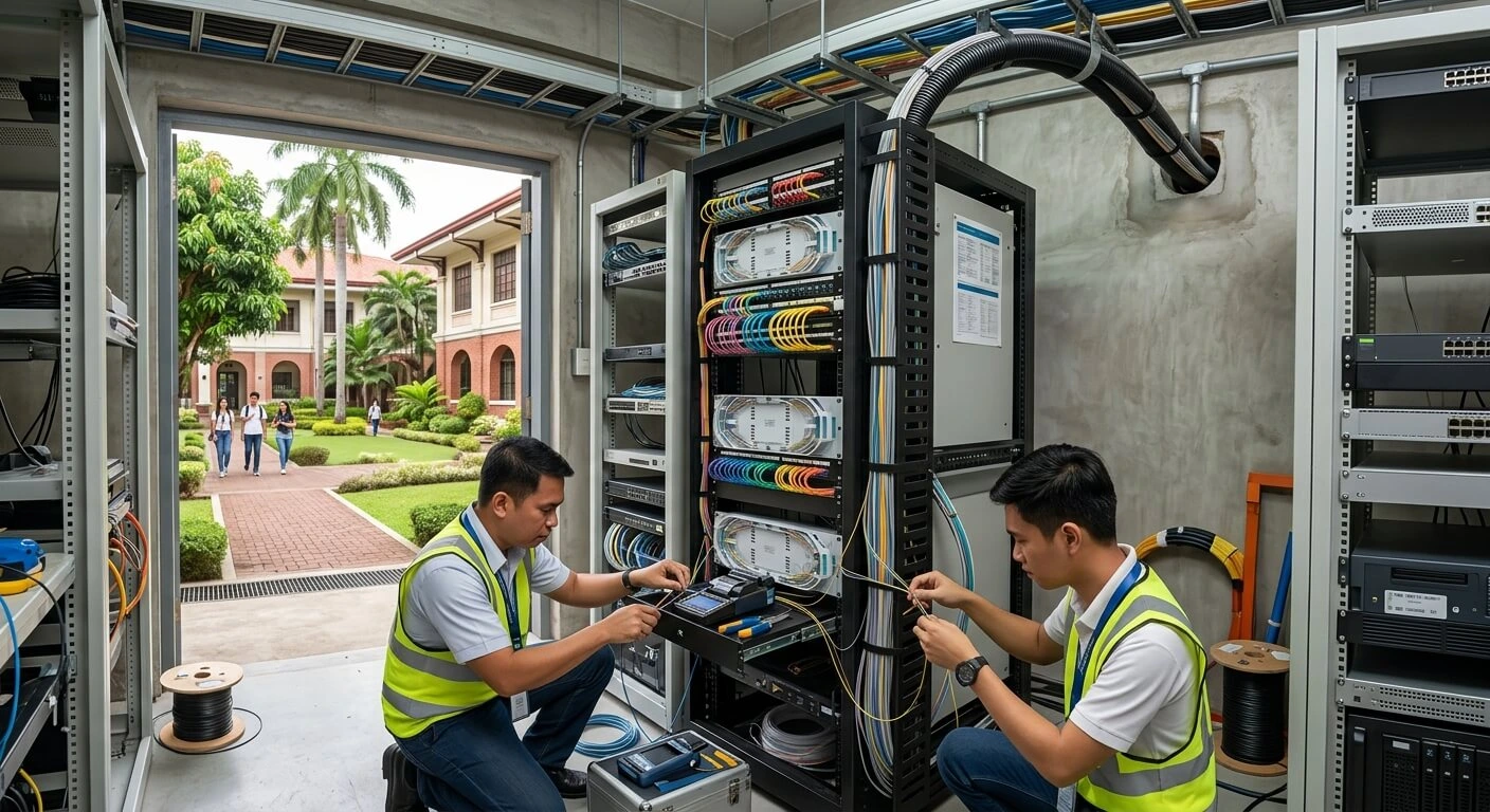 Filipino network engineers installing a fiber optic backbone in a Philippine university campus telecommunications room
