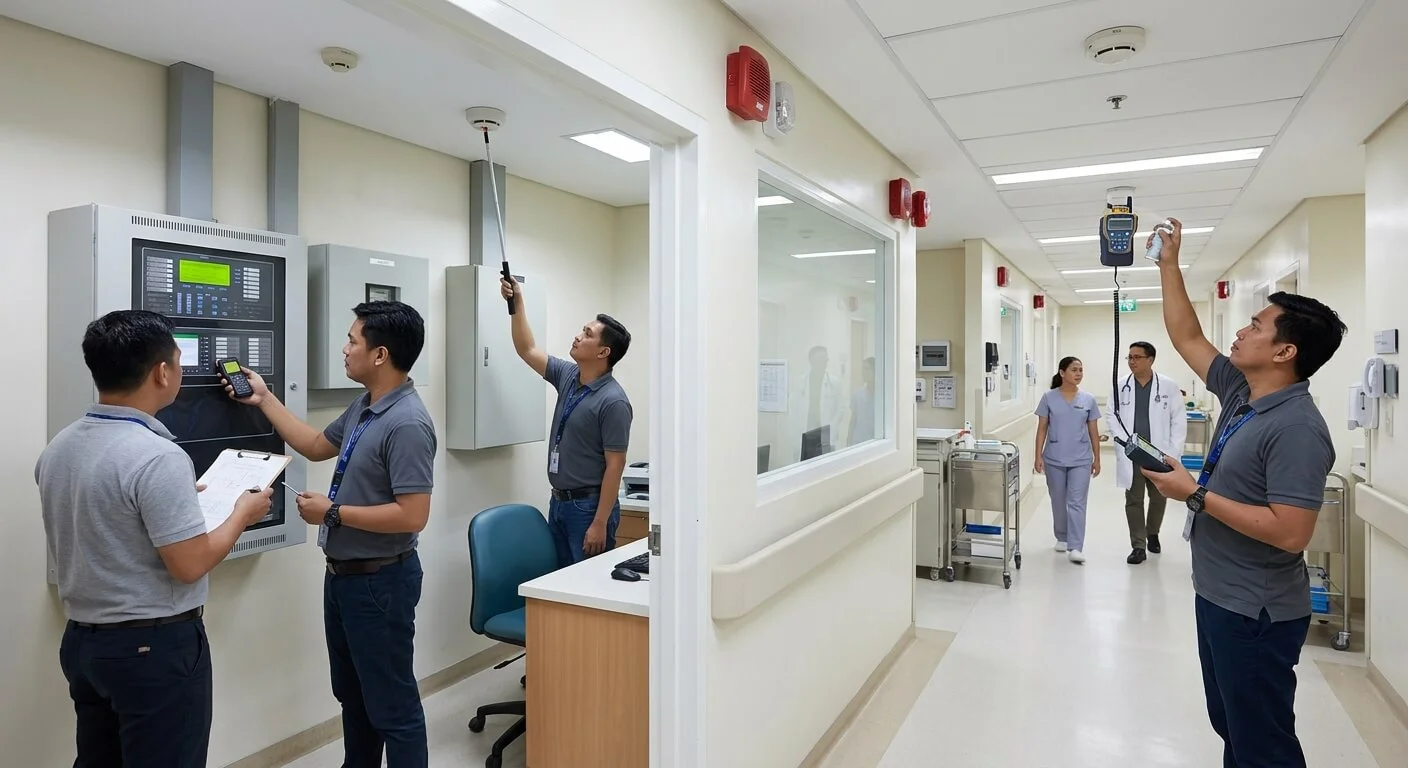 Filipino fire alarm engineers commissioning a life safety system in a Philippine hospital