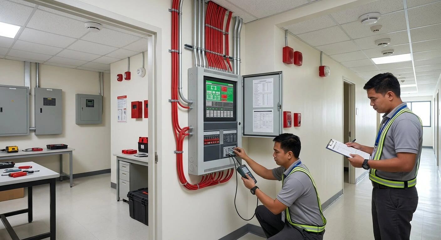 Filipino fire alarm technicians performing preventive maintenance in a Philippine commercial building