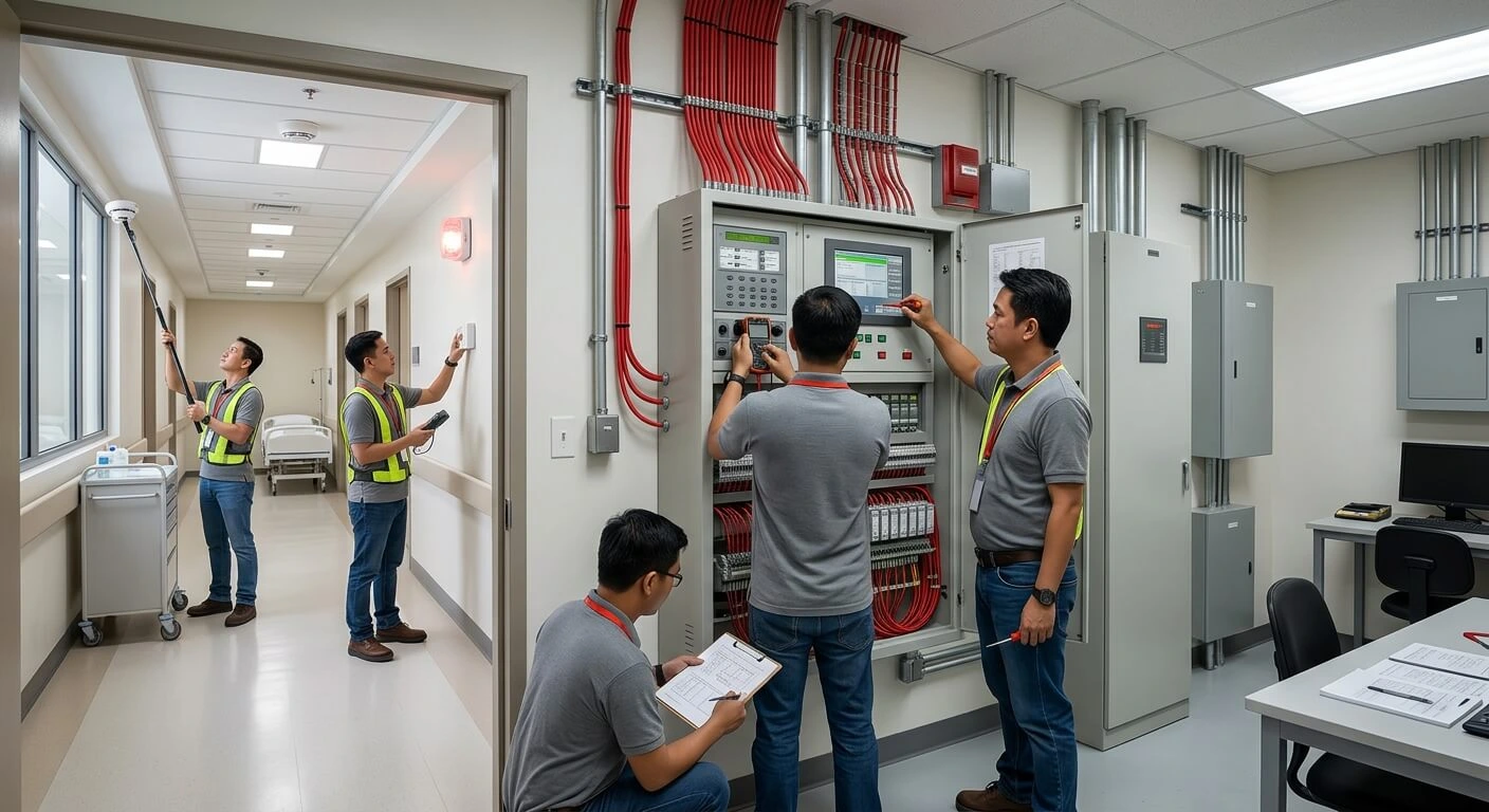 Filipino fire alarm technicians commissioning an addressable fire alarm panel in a commercial building