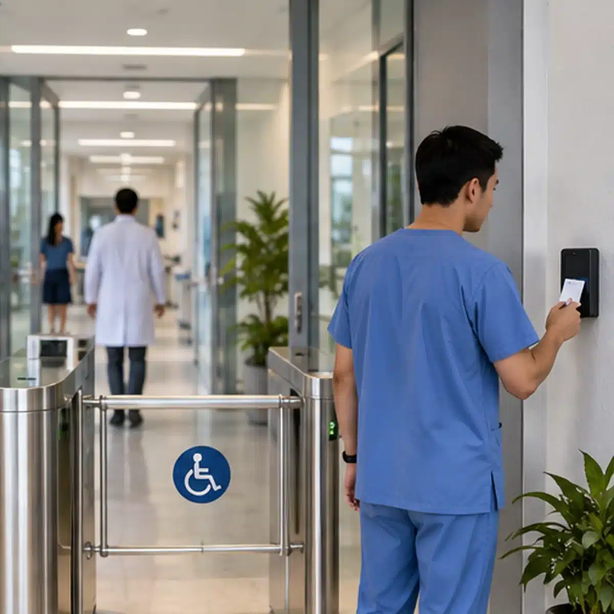 Filipino healthcare professional using RFID door access control in a modern Philippine hospital
