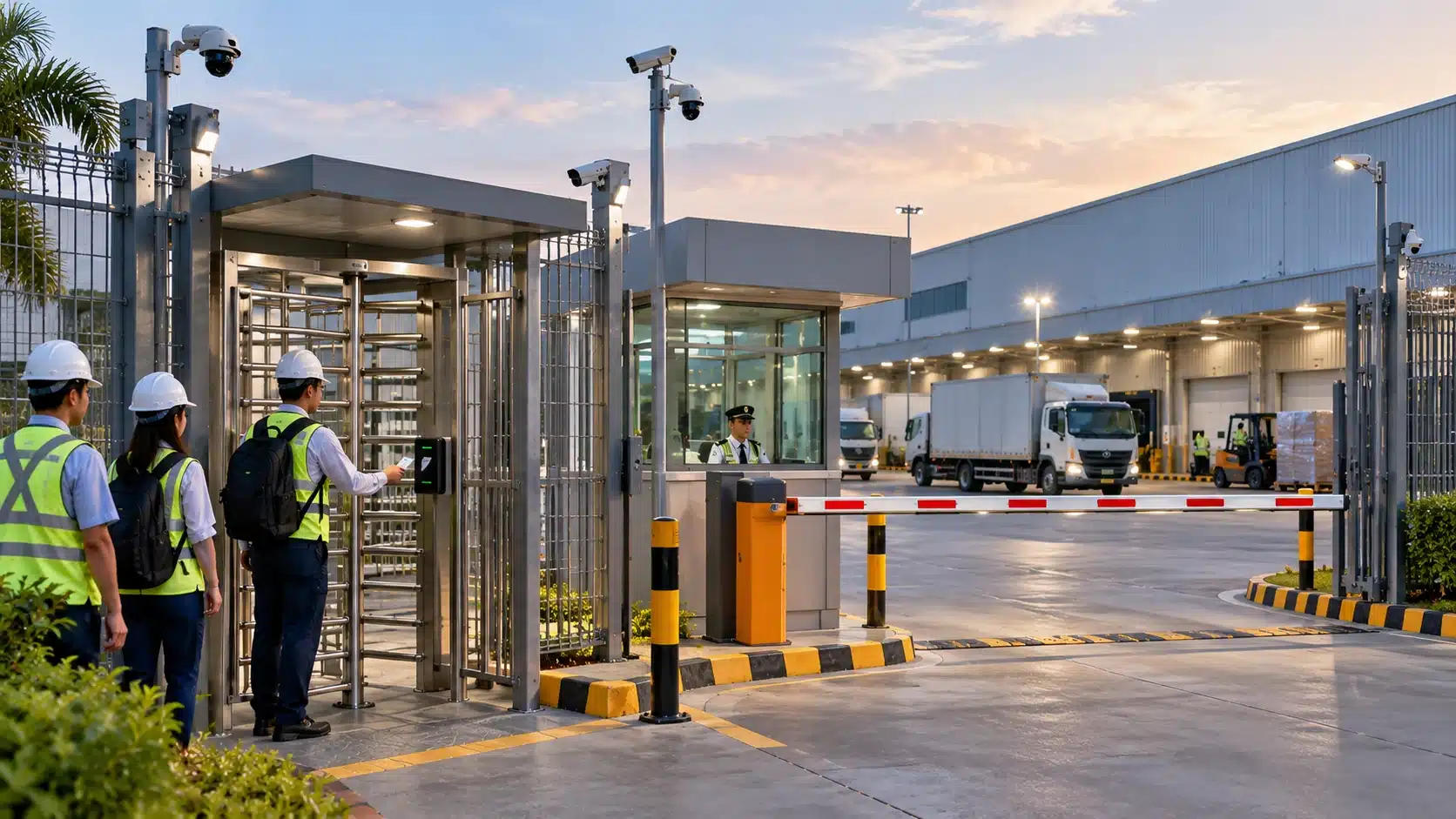 Philippine factory perimeter security with secure fencing, CCTV, vehicle barrier and full-height pedestrian access