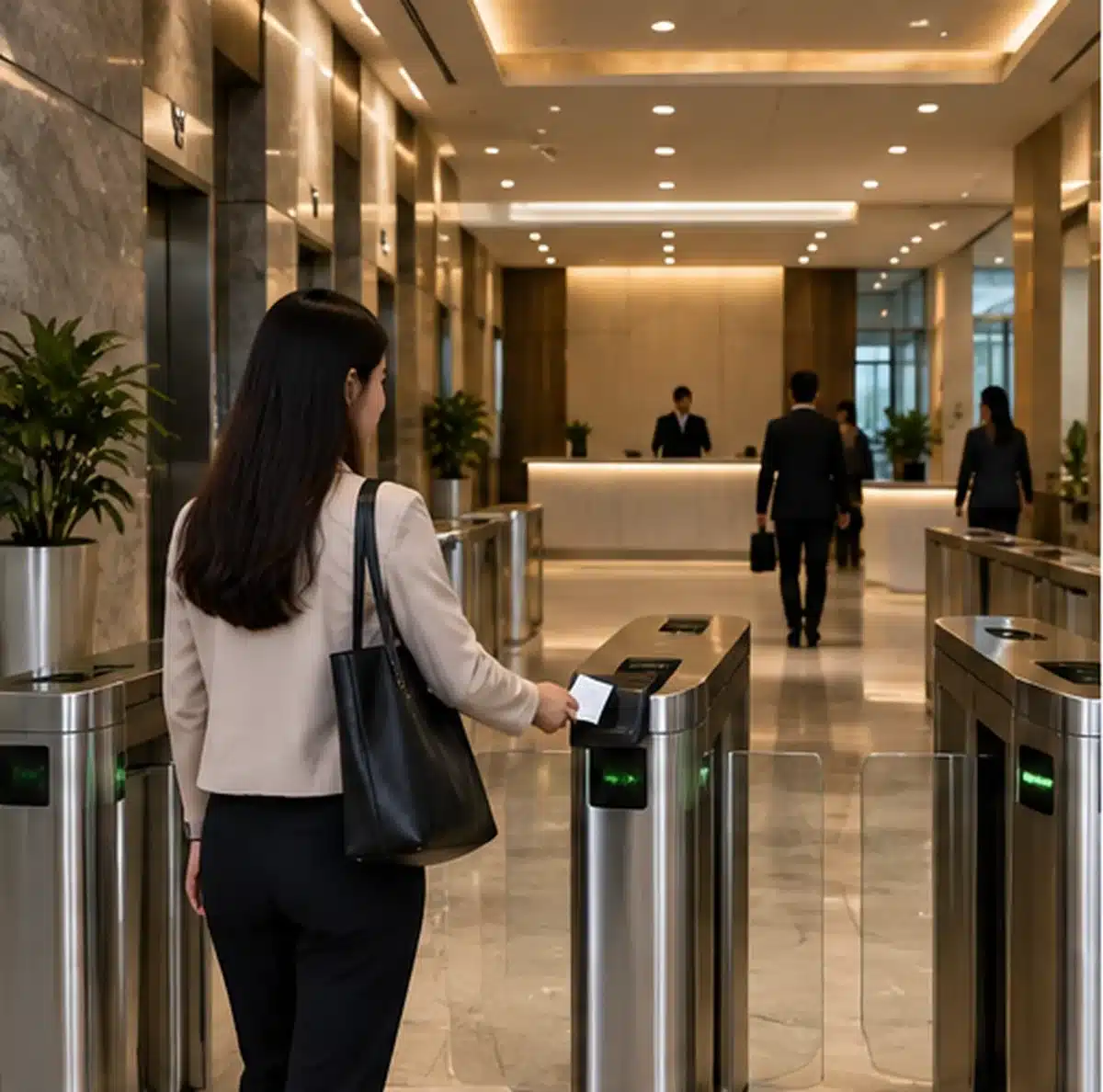Filipino office worker using RFID access at a speed gate in a multi-tenant office tower in the Philippines